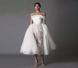 Stylish Overskirt Sheath Wedding Dresses Beaded Off The Shoulder Short Beach Bridal Gowns Tea Length Satin Vestido De Novia1900468