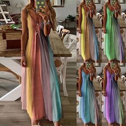 Casual Dresses Loose Stripe Long Dress Ladies Women'S Plus Size Colourful Sleeveless V-Neck Maxi Summer Beach