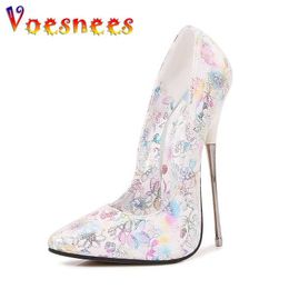 Dress Shoes Europeand And American Nightclubs Metal Heels Pumps Illusory Color Print Womens Large Size Pointed Toe High 16CM H240325