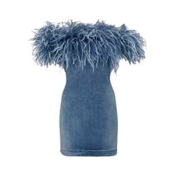 Girls Ladies Summer Demin Dresses with Ostrich Feather Fashion Clothing for Women Casual