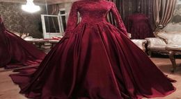 Burgundy Satin Long Sleeves High Neck Muslim Arabic Prom Dresses 2021 Lace Applique Beaded Formal Evening Gowns Vestidos De Fiesta2745350