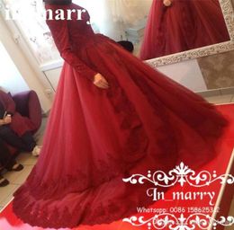 Red Ball Gown Islamic Muslim Overskirt Evening Dresses High Neck Long Sleeves Vintage Lace Plus Size Abayas Kaftan Formal Prom Gow5251307