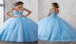 Light Sky Blue Ball Gown Quinceanera Dresses Cap Sleeves Spaghetti Beading Crystal Princess Prom Party Dresses For Sweet 16 Girls5805940