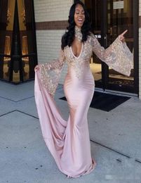 Sexy Deep V Neck Long Juliet Sleeves Evening Dresses High Neck Floral Lace Applique Sweep Train Sheath African Prom Party Gown7967655