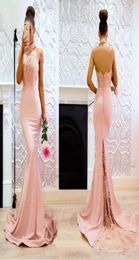 Sexy Blush Pink Lace Mermaid Evening Dresses 2018 Satin Applique Long Prom Dresses Backless Court Train Formal Bridesmaids Dress7902939