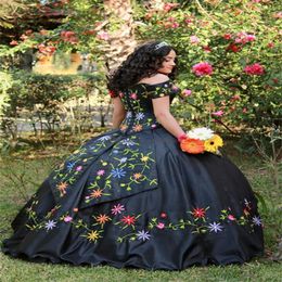 Plus Size Mexican Black Quinceanera Dresses Charro 2024 Colourful Embroidery Vestidos De Xv Anos Off Shoulders Debutante 15 Vestido De Para Fifteen Sixteen Birthday