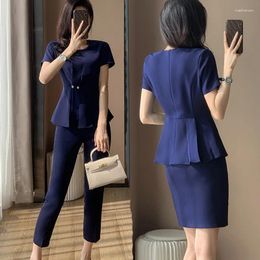 Women's Two Piece Pants Blue Suit Summer Thin Jewelry Shop Workwear Beauty Salon Technician Reception Work Clothes Business Temperament