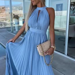 Casual Dresses Women Holiday Beach Chiffon Long Dress Elegant Hollow Out Sleeveless Banquet Summer Solid Color Halter Pleated Party