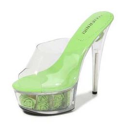 Dress Shoes Sandals Woman 2020 Rose Tremble Mules Slides Transparent Slippers Large Waterproof Table Crystal heel 15cm Super Hee H2403257