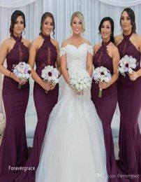 2019 Purple Grape Mermaid Bridesmaid Dress Vintage Arabic Halter Neck Lace Top Wedding Guest Maid of Honour Gown Plus Size Cust8985360