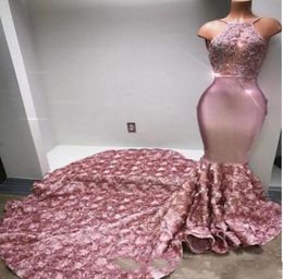 Fashion Dusty Rose Saudi Arabi Mermaid Prom Dresses Sheer Neck halter Applique Sequins 3D Floral Flower Evening Pageant Celebrity 1014369