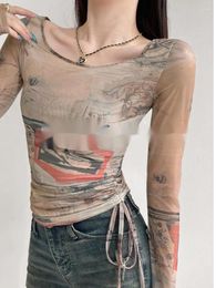 Women's T Shirts American Graffiti TVVOVVIN Off Shoulder Mesh Long Sleeve T-shirt Autumn Irregular Drawstring Slim Sunscreen UN3C
