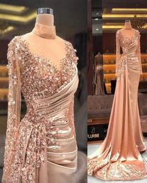 2022 Luxurious Blush Pink Sexy Prom Dresses Mermaid High Neck Crystal Beading Long Sleeves Open Back Evening Dress Party Pageant F1212751