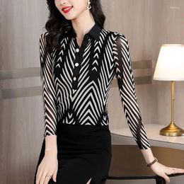 Women's Blouses Fashion Printed Gauze Blouse Female Clothing Commute Turn-down Collar Button Spring Summer Office Lady Long Sleeve Slim