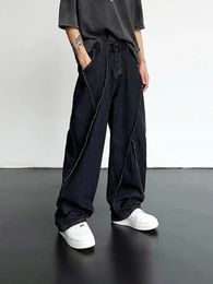 2024 Men HipHop Distressed Jeans Pants Ripped Patchwork Denim Male Oversized Loose Casual Streetwear Wide Leg Trousers 240311