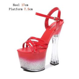 Dress Shoes Shuzumiao 2021 New Platform Sandals Women Summer Sexy Square Heel Cross Belt High Heels 17cm Bling Ladies Strip Pole Dance H240321