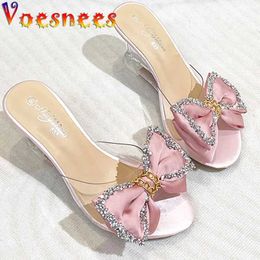 Dress Shoes New High Heels Summer Slippers Fashion Elegant Party Transparent Women Satin Big Bow Wedge Sandals 8CM Pink Pumps Size 43 H240325