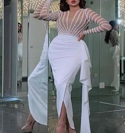Silver Sexy VNeck Mermaid Prom Dresses 2020 Long Sleeves white African Formal Evening Gowns Graduation see though Party Dresses 21247282