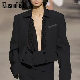Damenanzüge 1,25 KlasonBell Fashion Runway U-Ausschnitt Zweireiher Kurze Jacke Damenkleidung Acetat-Blazer aus gespleißter Wolle