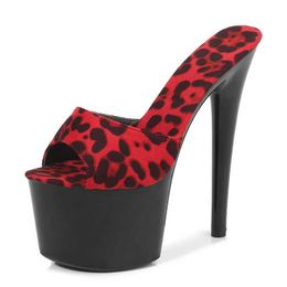 Dress Shoes New Leopard Print Woman Slippers Sandals Platform 2020 Nightclub Sexy High-heeled 15cm Heels Waterproof H240321