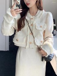 Work Dresses 2024 Spring Casual Tow Piece Sets Women White Short Tweed Jacket Fashion Korean Long Skirt Female Elegant Chic Slim Sweet Suit