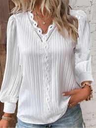 Elegant Hollow Lace Patchwork Women Shirt Chic Long Sleeved Vneck Design Fashion Plain Casual Basic Regular Tops 240320