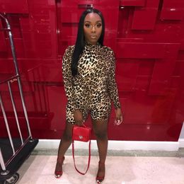 OMSJ High Quality Autumn Winter Bodycon Playsuits Fitness Casual Biker Jumpsuits Long Sleeve Leopard Print Stretch Rompers 240306