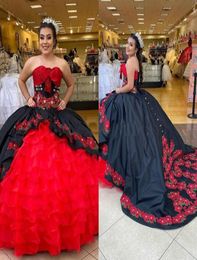 Red Black Ball Gown Quinceanera Dresses Organza Ruffles Prom Dresses Appliques Lace Up Sweet 16 Dress Pageant Party Gowns9158230