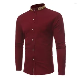 Men's Casual Shirts Gold Embroidery Wine Red Dress Shirt For Banquet Formal Long Sleeve Wedding Male Business Dinner Prom Chemise Hombre