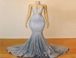 Sparkly Silver Mermaid Prom Dresses Lace Appliques Sexy Backless Evening Gowns Halter Sweep Train Cocktail Party Dress Cheap9027400