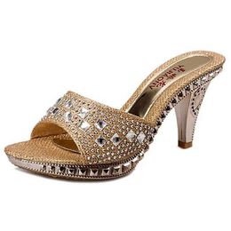 Dress Shoes Summer 2024 Sandals Rhinestone Women Sexy High Heels Sandalias Gold Silver Slippers HeeledEOCZ H240321