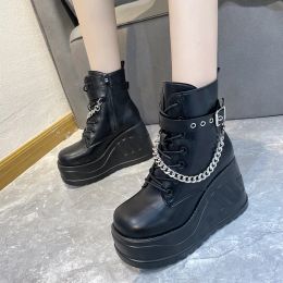 Boots 2023 Shoes for Female Side Zip Chain Women's Ankle Boots Wedge Heel Women's Shoes High Platform Plus Size Ladies Boots