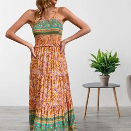 Casual Dresses Printed Summer Dress Ethnic Style Maxi With Shirring Patchwork Detail A-line Beach For Women Vacation Strappy