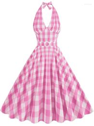 Casual Dresses Harajuku Retro Sexy Deep V-neck Checkered Cute Pink Plaid Mid Dress 2024 Y2K High Waist Large Swing Halloween
