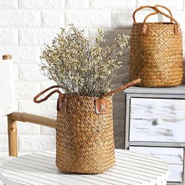 Rural Lavender Vase Woven Sundries Storage Baskets Hanging Basket Rattan Babysbreath Potted Flowerpot Home with Handle y240318