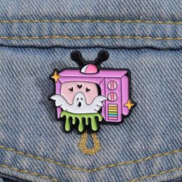 Retro TV Ghost Brooch Enamel Pin Funny Cartoon Decorative Brooch Lapel Backpack Badge Jacket Accessories Halloween Jewelry Gift