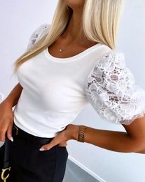 Women's T Shirts Casual T-Shirt Women Clothing U-Neck Short Sleeve Top Floral Pattern Contrast Lace Spring Summer Solid Slim Blouse