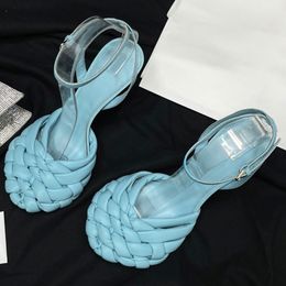 Summer New Lovely Fairy Style High Heel Sandals Handmade Weave Upper Design Round Toe Women's Sandals Candy Colors Genuine Leather Material Female Pumps