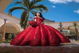 Vintage Ball Gown Red Quinceanera Dresses For Girls Satin Off Shoulder Appliques Long Sweet 16 Prom Dress Formal Party Gowns5707525