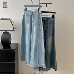 Women's Jeans Vintage Women Blue Denim Pants High Waist Solid Wide Leg Frayed Hem Loose Summer Thin Female Versatile Commute Wear