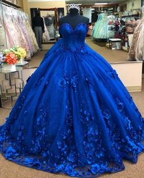 2022 Royal Blue 3D Floral Flowers Ball Gown Quinceanera Prom dresses Pearls Sweetheart Princess Evening Formal Gowns Sweet 16 Vest6539296