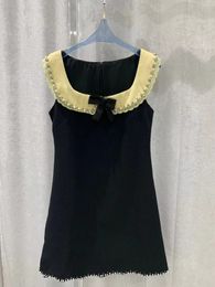 2024 Spring Black Scoop Neck Pearls Beads Sleeveless Women Dress Designer High End Womens Runway Vestidos De Festa 32017