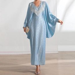 Ethnic Clothing Ramadan Women Muslim Batwing Sleeve Loose Maxi Dress Diamonds Kaftan Moroccan Robe Arab Tassel Caftan Islamic Abaya Eid