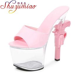 Dress Shoes Shuzumiao Sexy Gun Heel Slippers Women Patent Leather 2021 Summer New Outside Slides Transparent Platform High Heels H240325