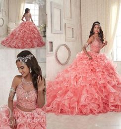 Luxury Beaded Two Piece Coral Quinceanera Dresses Organza Tiered Skirts Ruffles Jewel Neck Custom Made Sweet 16 Prom Ball Gown1199095