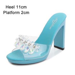 Dress Shoes Shuzumiao Women Slippers 2020 New Summer Fashion Rhinestones Square Heel Waterproof Platform High Heels 11cm CatwalkMVWY H240321