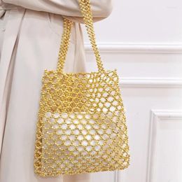 Drawstring Handmade Beaded In Handbag 2024 Women's Bags Vintage Heavy Industry Fashion Gold Acrylic Handwoven Hollow Shoulder Bag