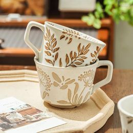 Coffee Pots Country Style Ceramic Mugs Botanical Carved Cups Milk Tea Cup Oatmeal Mug Breakfast Ins Korean Drinkware Kitchen