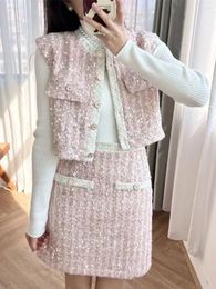 Work Dresses 2024 Spring Women Tweed Set Sequin Pink Plaid Round Neck Sleeveless Single-Breasted Vest Coat Top Or A-Line Mini Skirt Suit