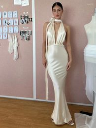 Casual Dresses Backless Bandage Lace Up Satin Gown Dress Banquet Sexy Sleeveless Glossy 2024 Elegant Party Festival Maxi